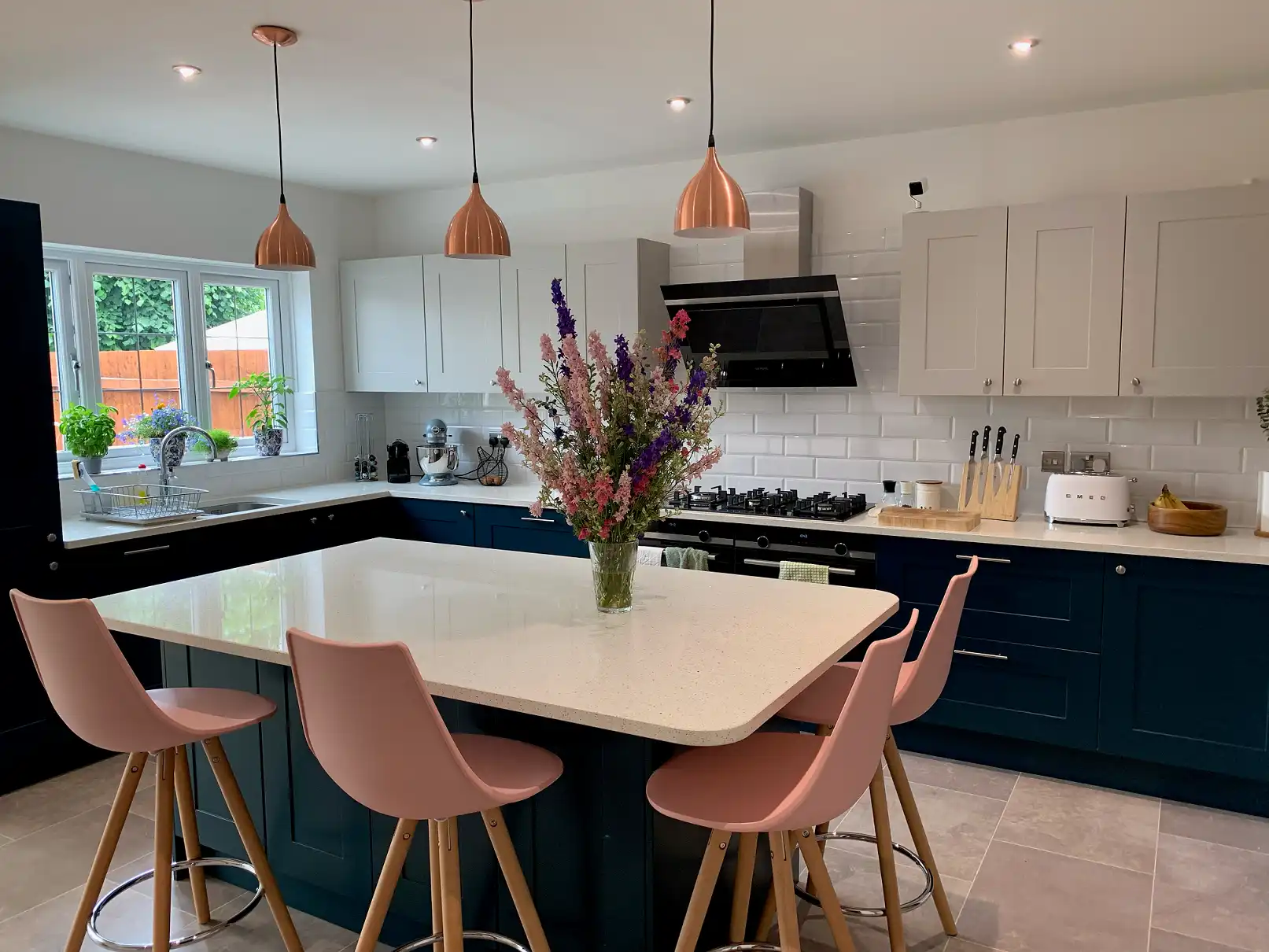 Classic Painted furniture in Oxford Blue & Limestone | Quartz worktops in White | Sparkle Quooker tap | Siemens appliances